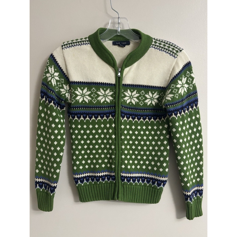 Lands End Sweater Nordic Fair Isle Full Zip Snowflakes Cotton Green Kids 8